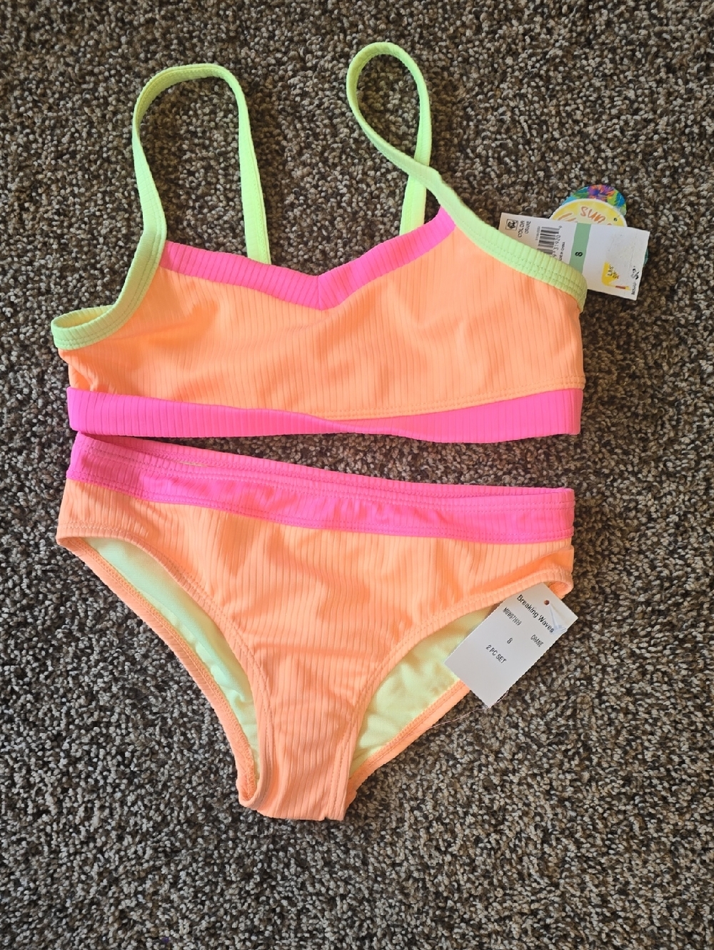 Breaking Waves Girls Neon Two Piece Swimsuit Size 8